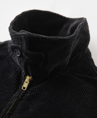 Black corduroy jacket neckline with snap placket and gold zipper pull