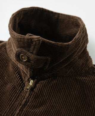 Brown corduroy jacket neckline with snap button and zip at the center placket.