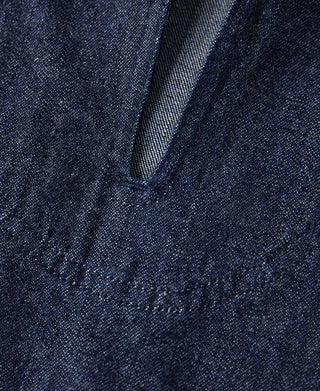 Indigo dungaree pullover jumper close-up of zip placket and front pocket