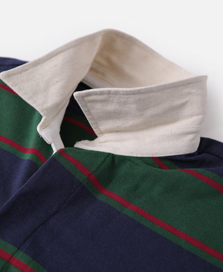 Rugby shirt collar detail: white knit collar and green/red stripes on dark navy fabric