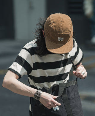 Khaki corduroy 5-panel cap worn with face turned down