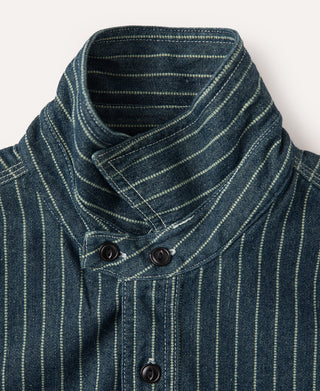 Indigo striped work shirt with high collar and two-button front placket