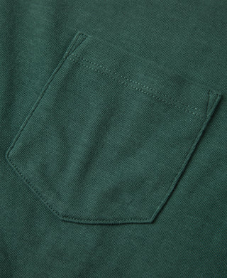Green slub cotton pocket on crew-neck T-shirt, visible topstitching