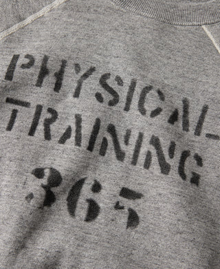 Gray raglan sweater with close-up of black 'Physical Training 365' lettering.
