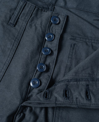 Navy shorts close-up of button placket on cargo pocket and side seam details