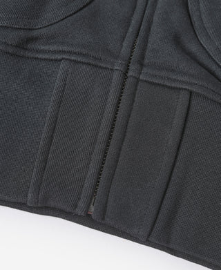 Close-up of black hoodie front pockets and full-length zipper