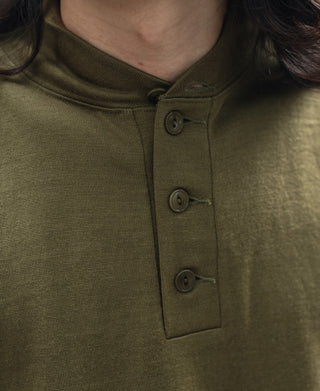 Olive wool henley neckline with three-button placket and ribbed collar