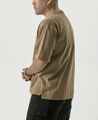 Khaki cotton pocket T-shirt, short sleeves, crew neck, side view