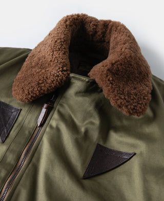Olive flight jacket close-up: brown shearling collar and front zipper with leather pull