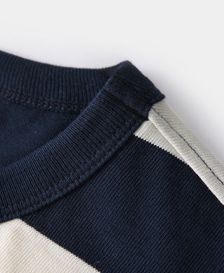 Heavyweight cotton t-shirt hem ribbing with navy and white wide stripe panel