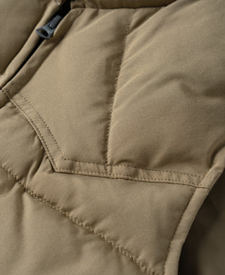 Khaki vest pocket seam and zipper placket stitching detail