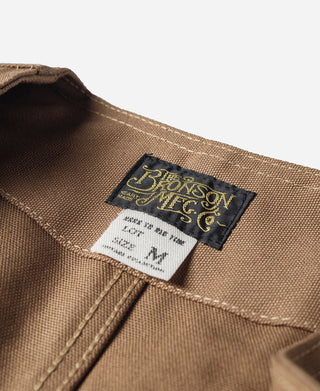 Khaki canvas hunting vest neck label and topstitching detail