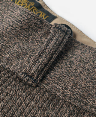 Brown stripe pants close-up of waistband and fly seam with buttoned closure