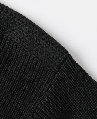 Black wool sweater rib-knit fabric close-up, high-neck collar texture