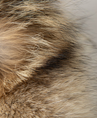 Faux fur hood trim in light brown and tan on an olive parka