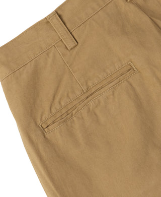 Tan chino trousers with rear welt pocket and neat topstitching