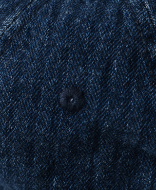 Indigo denim bucket hat top button detail with textured weave