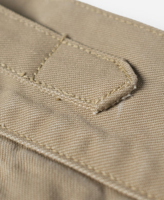 Khaki pants hem stitching and folded seam detail