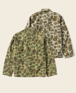 Duck hunter camo hooded jacket with button front and flap chest pockets.
