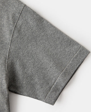Gray heather t-shirt hem and sleeve edge stitching close-up