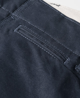 Navy trouser pocket facing with bartack reinforcement and stitch lines