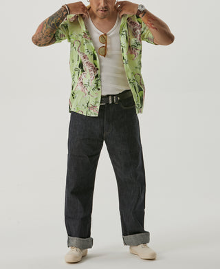 Light green aloha shirt with tiger and bamboo print, short sleeves, relaxed fit