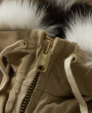 Khaki polar down parka front close-up with zipper and drawcord hood toggle