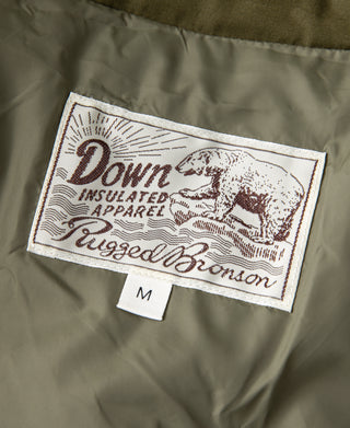 Olive parka interior with size label and brand tag sewn inside