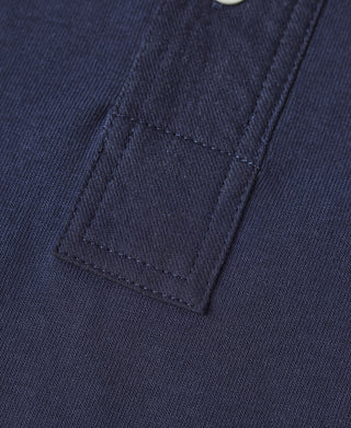 Navy henley t-shirt chest pocket detail with stitched placket