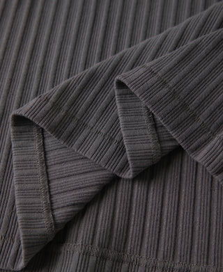 Dark gray ribbed knit T-shirt with pleated seam detail close-up