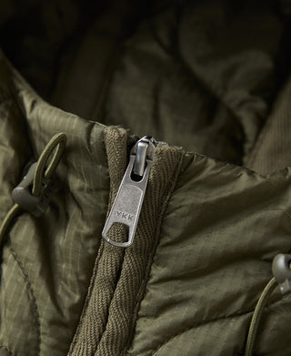Olive quilted jacket zipper with metal pull and YKK logo on zipper tab