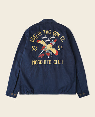 Navy tour jacket back view with embroidered aircraft patch and “MOSQUITO CLUB” text.