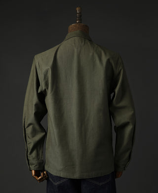 Olive fatigue utility shirt back view, center yoke and side seams