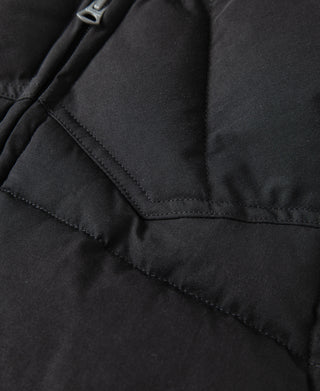 Black quilted vest pocket edge with reinforced stitching and curved seam