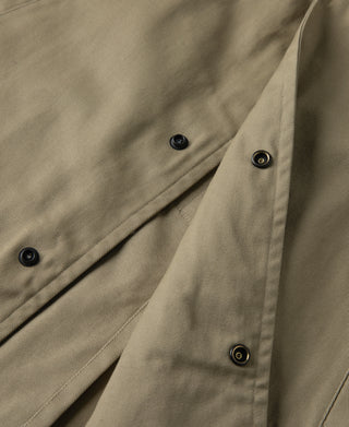 Khaki trench coat front close-up with black-snap buttons and overlap panel