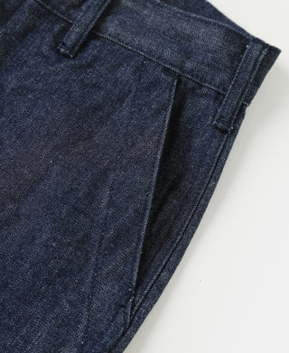 Indigo denim side seam with zipper fly and front pocket