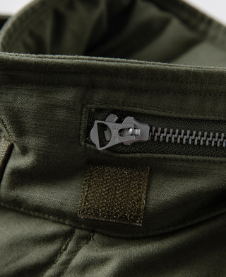 Olive field jacket with metal zipper and snap-closure pocket flap detail