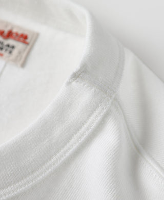 White t-shirt collar and textured knit fabric closeup