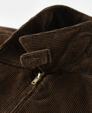 Brown corduroy jacket collar with small button strap and centered zipper.