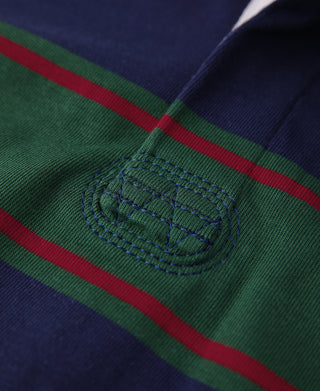 Embroidered chest logo on navy rugby shirt with green and red stripe accents