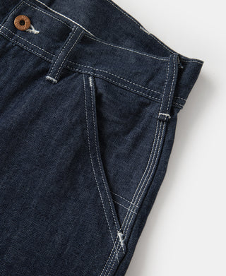 Indigo denim painter pants front pocket and bartack stitching