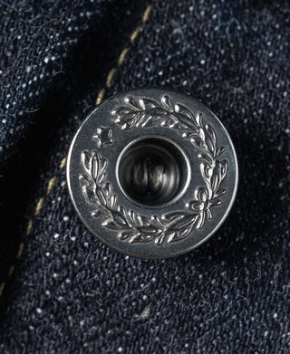 Indigo denim jacket round embossed metal button with laurel detail