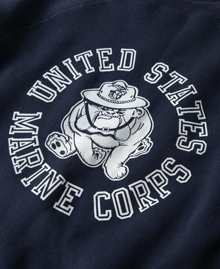 Navy raglan sweatshirt back with white Devil Dog graphic and arched text