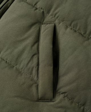Olive quilted padded vest front panel with vertical center seam detail