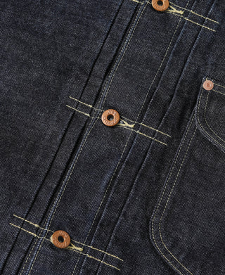 Denim jacket front panel close-up with round brown buttons and contrast topstitching