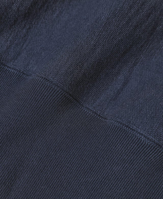 Navy sweatshirt ribbed hem detail with textured knit finish