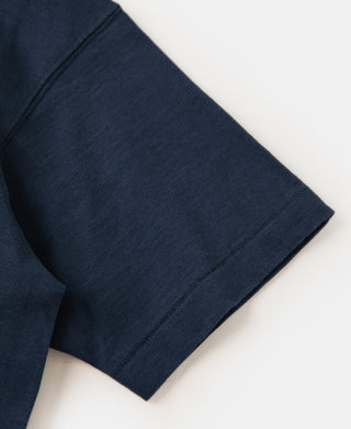 Indigo slub cotton T-shirt sleeve cuff and hem detail