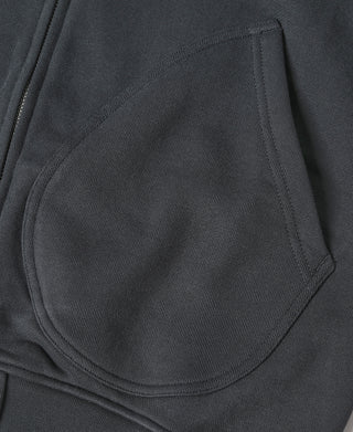Black full-zip hoodie pocket and hood drawstring area
