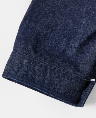 Indigo dungaree pullover jumper sleeve hem with stitched cuff detail