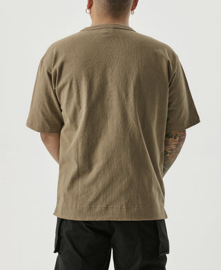 Khaki cotton T-shirt with crew neck, short sleeves, back view